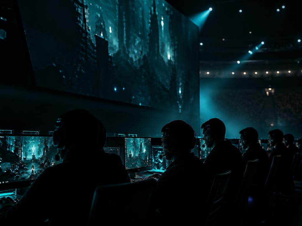 E-sportarena med spelare vid upplysta datorstationer