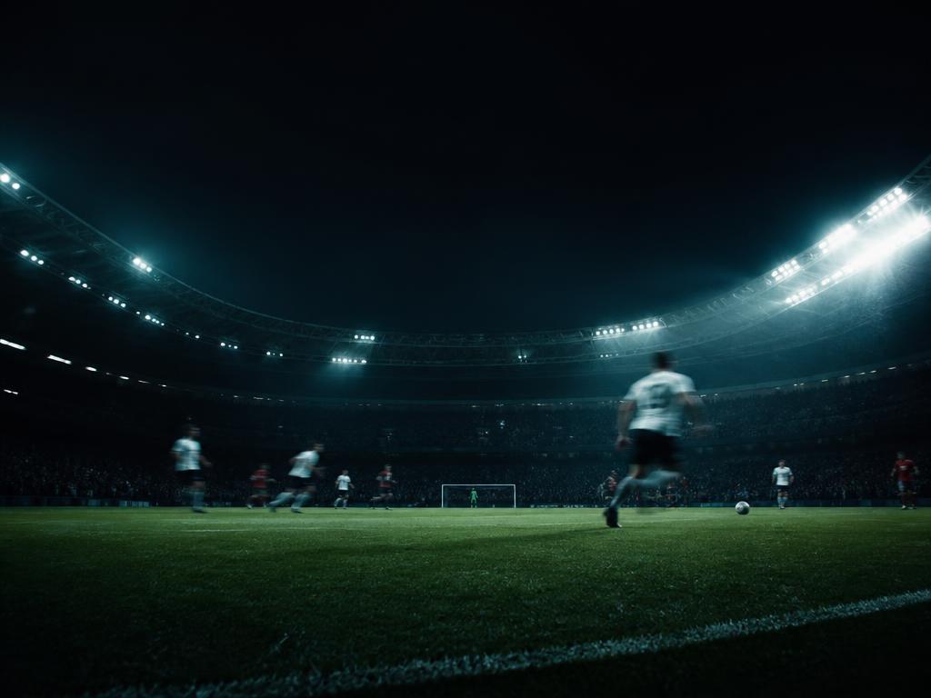 Upplyst fotbollsarena på kvällen med spelare i rörelse